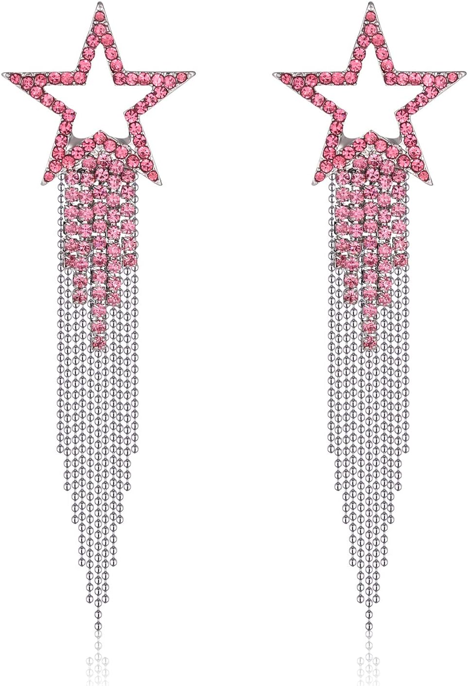 Women’s Tassel Earrings Star Ear Stud Pave Crystal Dangle Earrings Boho Waterfall Beaded Fringe Drop Earring