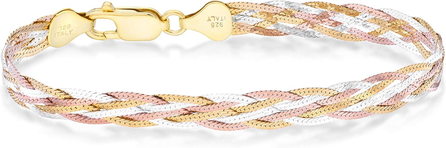 Miabella Tri-Color 18K Gold Over 925 Sterling Silver Italian 6-Strand 7mm Braided Herringbone Chain Bracelet for Women, Made in Italy