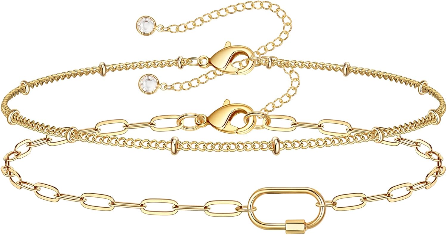 Dainty Gold Bracelets for Women, 14K Gold Filled Adjustable Layered Bracelet Cute Evil Eye Oval Chain Pearl Bar Turtle Gold Bracelets for Women Jewelry