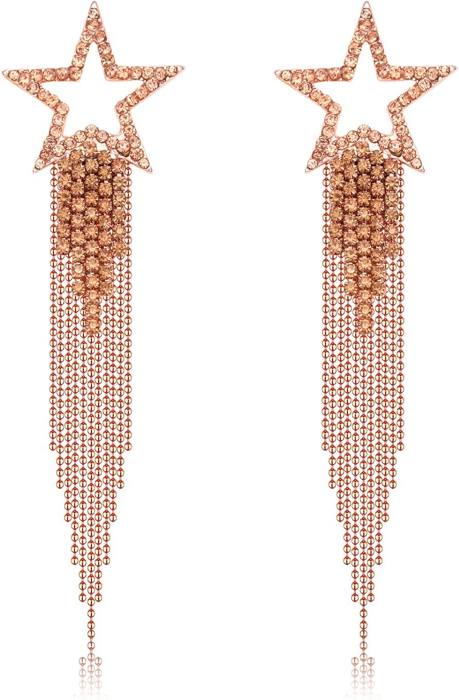 Women’s Tassel Earrings Star Ear Stud Pave Crystal Dangle Earrings Boho Waterfall Beaded Fringe Drop Earring