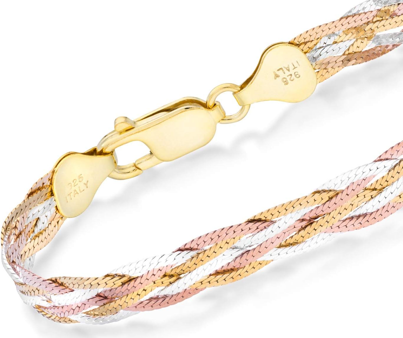 Miabella Tri-Color 18K Gold Over 925 Sterling Silver Italian 6-Strand 7mm Braided Herringbone Chain Bracelet for Women, Made in Italy