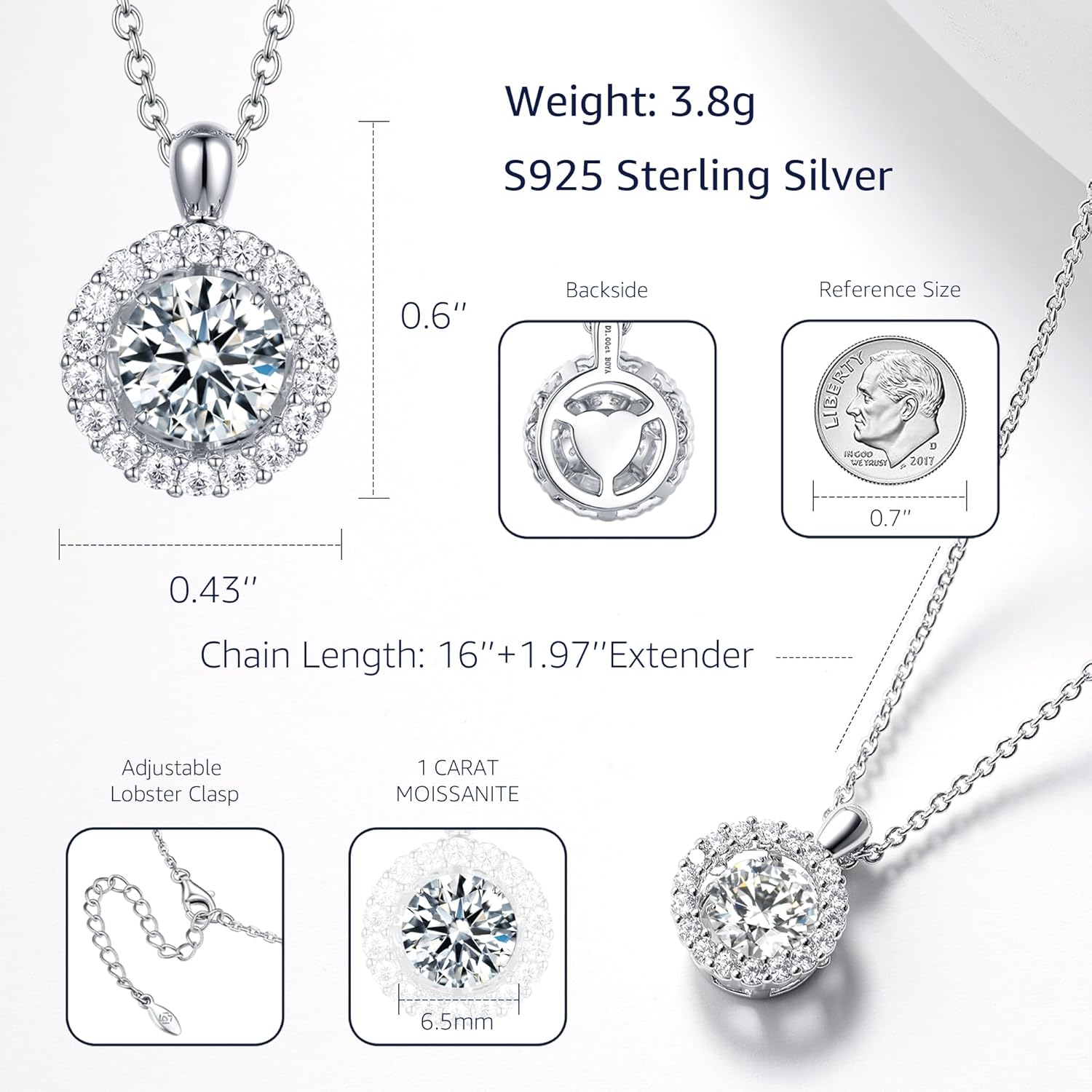 boya Necklace Gift for Women, Gift for Her, 1 Carat Moissanite Pendent for Girls, 925 Sterling Silver Dance Necklace for Anniversary Mother's Day Valentines Gift