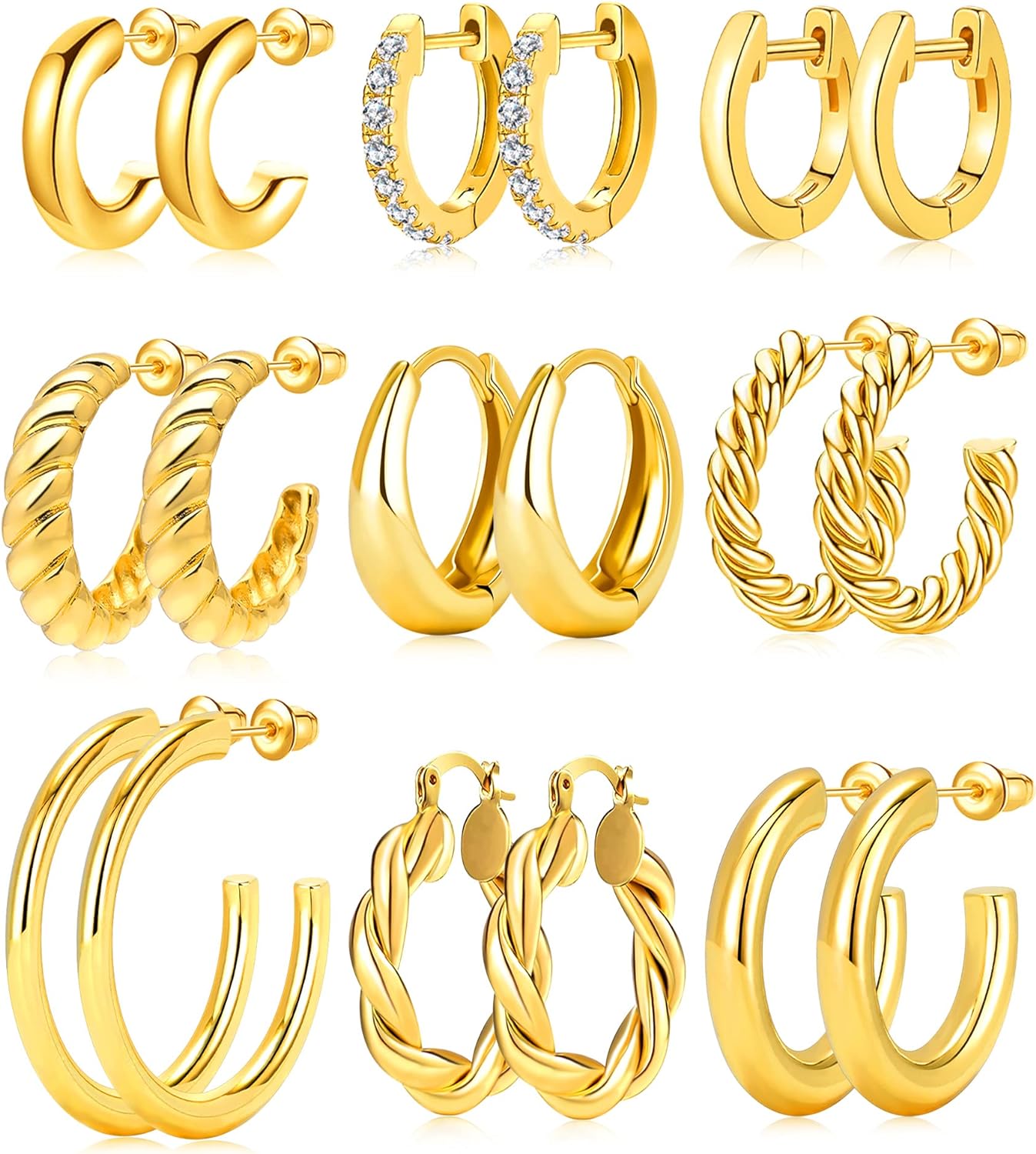 Adoyi 9 Pairs Gold Hoop Earrings Set for Womens Gold Twisted Huggie Hoops Earrings 14K 18K Gold Plated for Girls Gift Lightweight