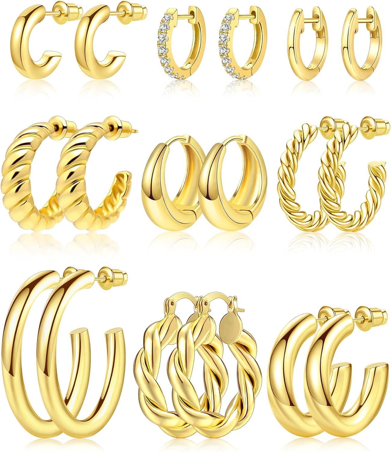 Adoyi 9 Pairs Gold Hoop Earrings Set for Womens Gold Twisted Huggie Hoops Earrings 14K 18K Gold Plated for Girls Gift Lightweight